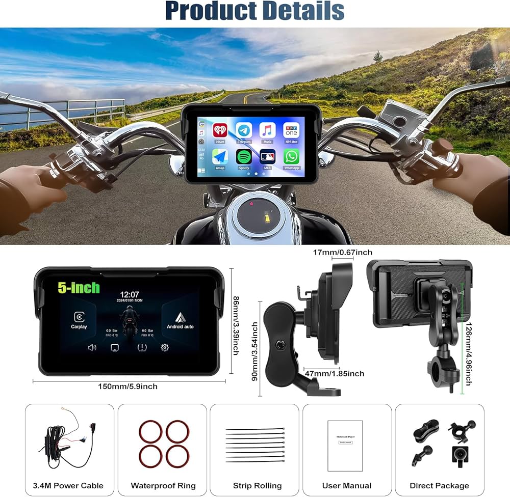 Pantalla táctil HD 5” UNIVERSAL para moto con CarPlay y Android Auto